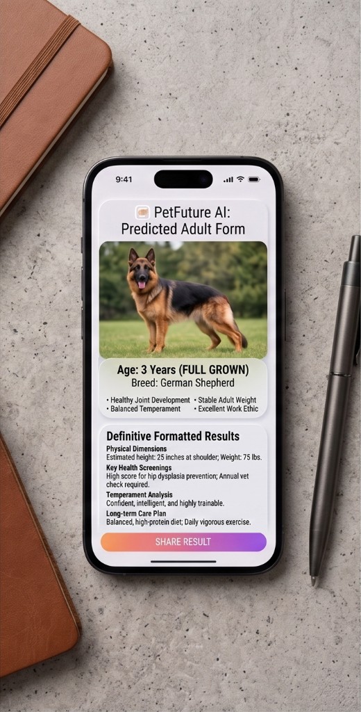 PetFuture adult form card for a German Shepherd with size and temperament notes
