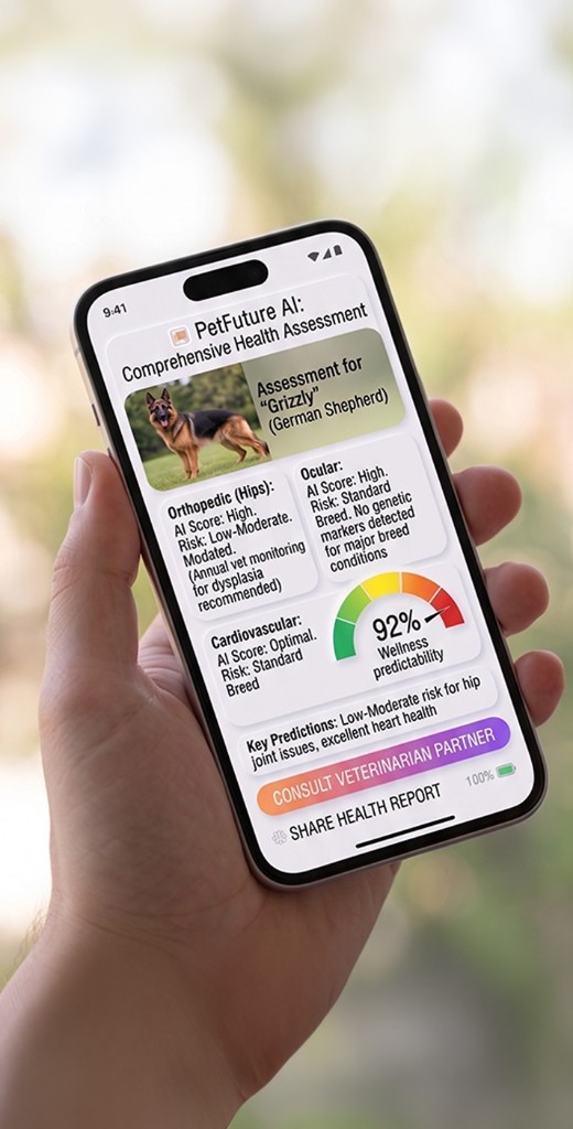 PetFuture wellness overview screen with scores and a consult veterinarian call to action